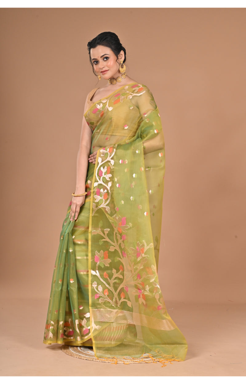 Morchari Heavy Jamdani Silk Orzanga Saree-Green