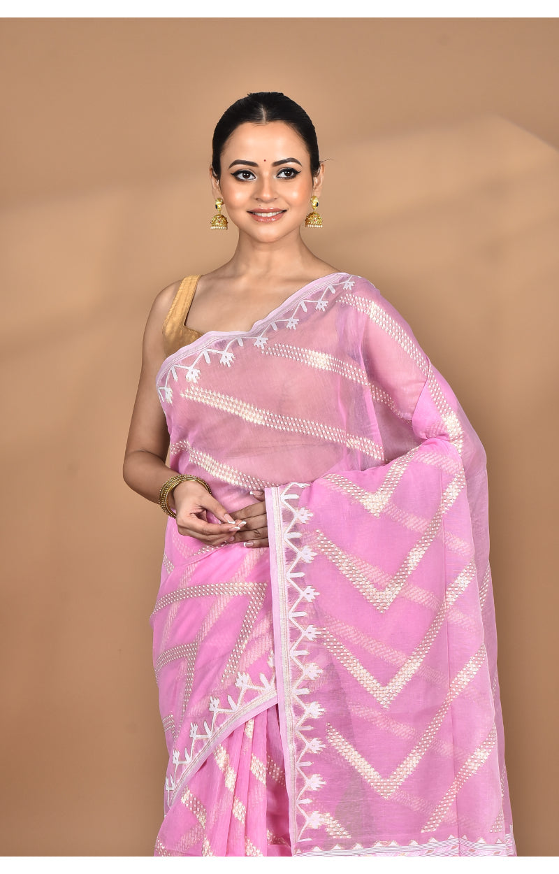 Morchari Pure Cotton Dhakai Jamdani Handloom Saree-Pink