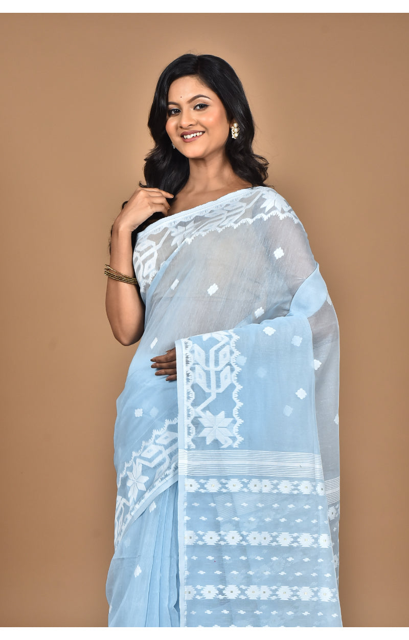 Morchari Pure Cotton Dhakai Jamdani Handloom Saree-Blue