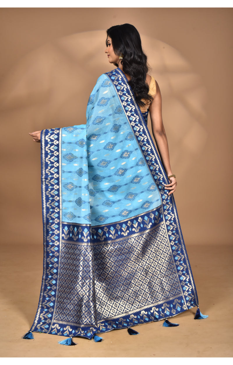 Morchari Women Desgin Kashmiri Silk Linen Saree-Blue