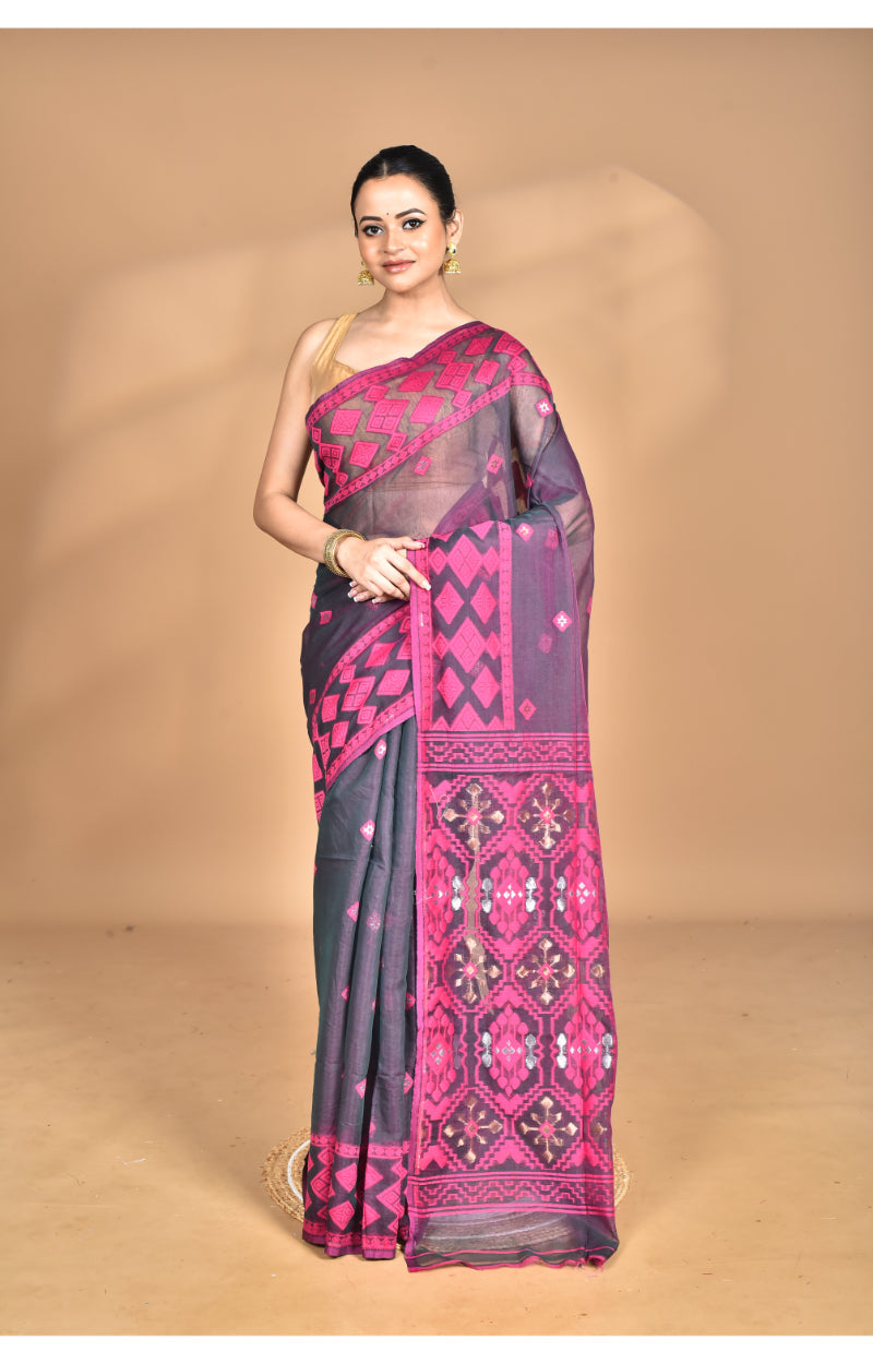Morchari Pure Cotton Dhakai Jamdani Handloom Saree-Magenta