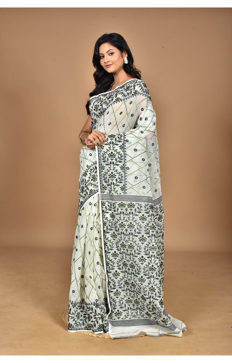 Morchari Pure Cotton Dhakai Jamdani Handloom Saree-Cream
