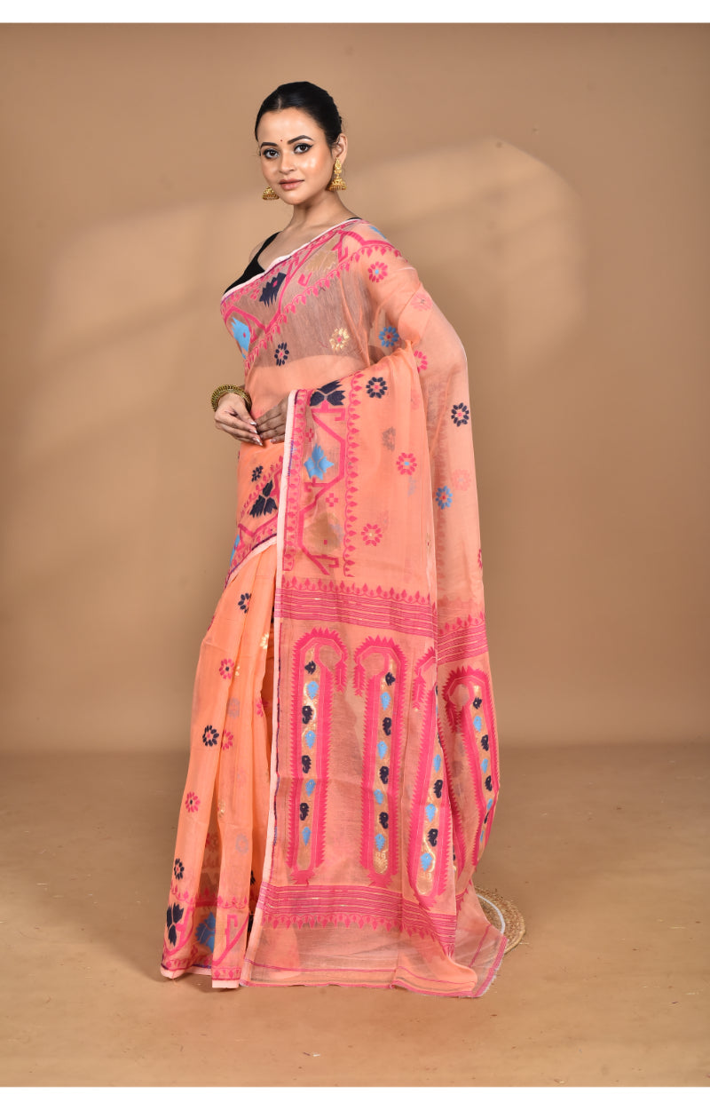 Morchari Pure Cotton Dhakai Jamdani Handloom Saree-Peach