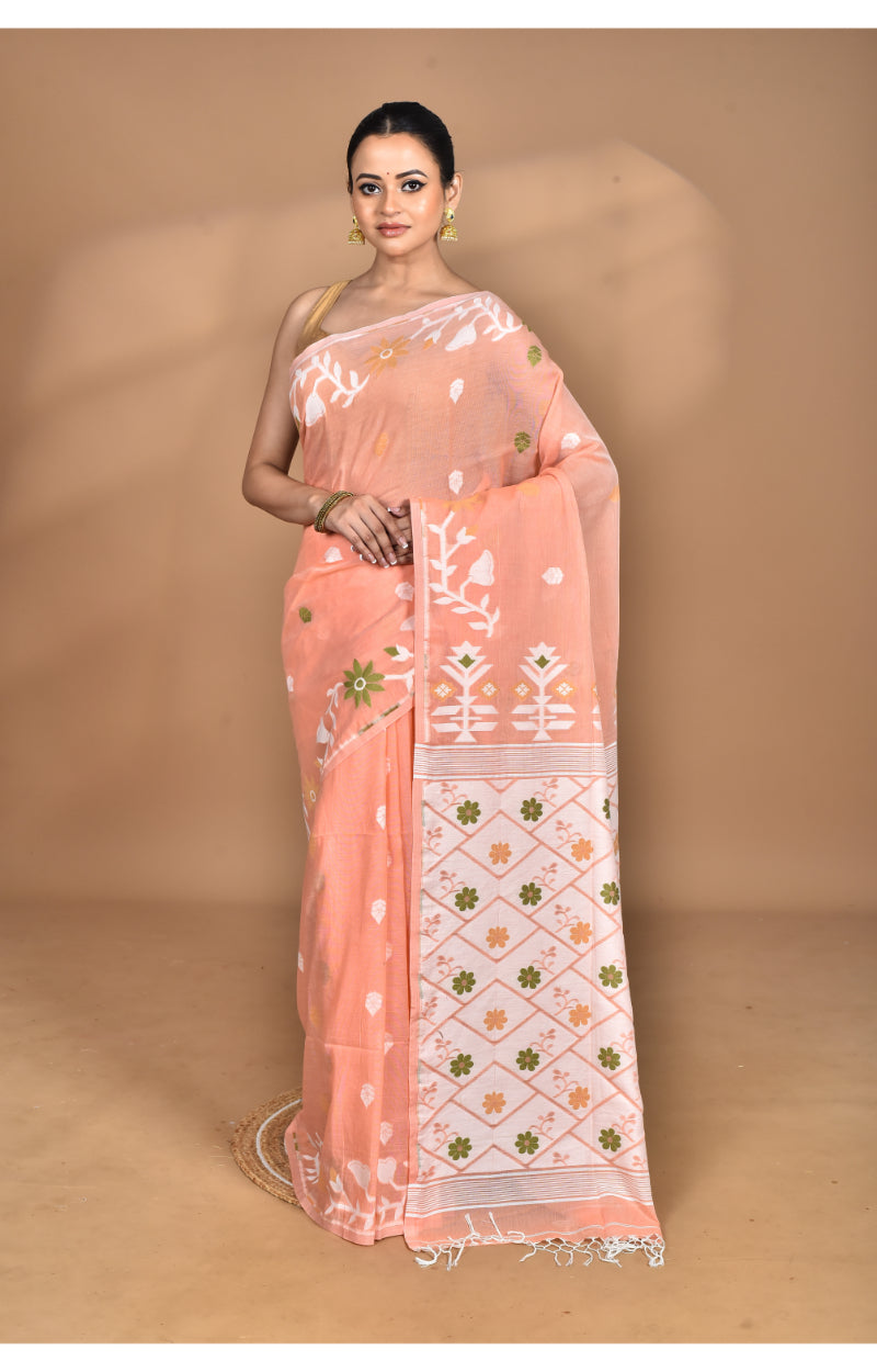 Morchari Pure Cotton Dhakai Jamdani Handloom Saree-Peach