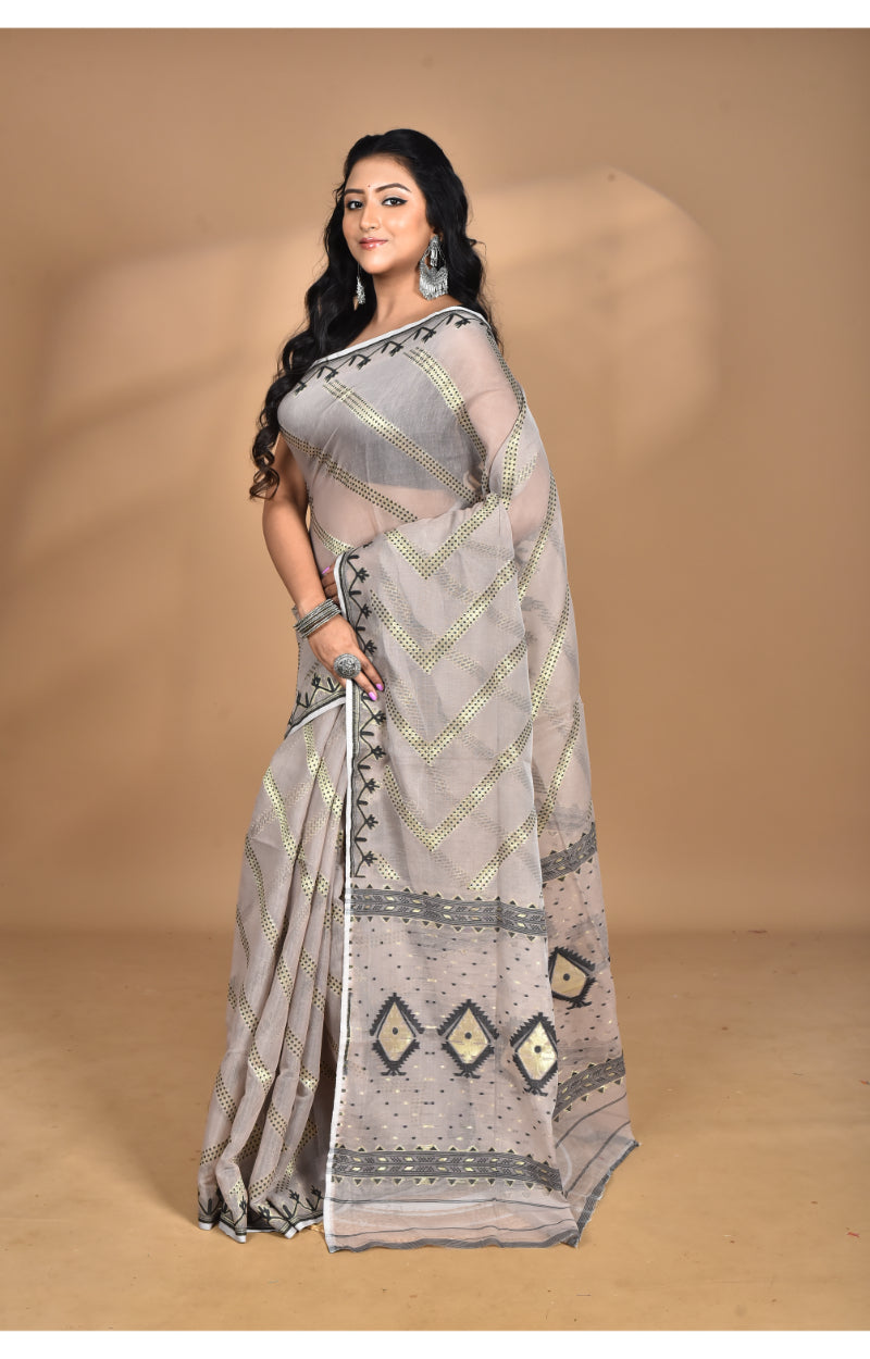 Morchari Pure Cotton Dhakai Jamdani Handloom Saree-Beige