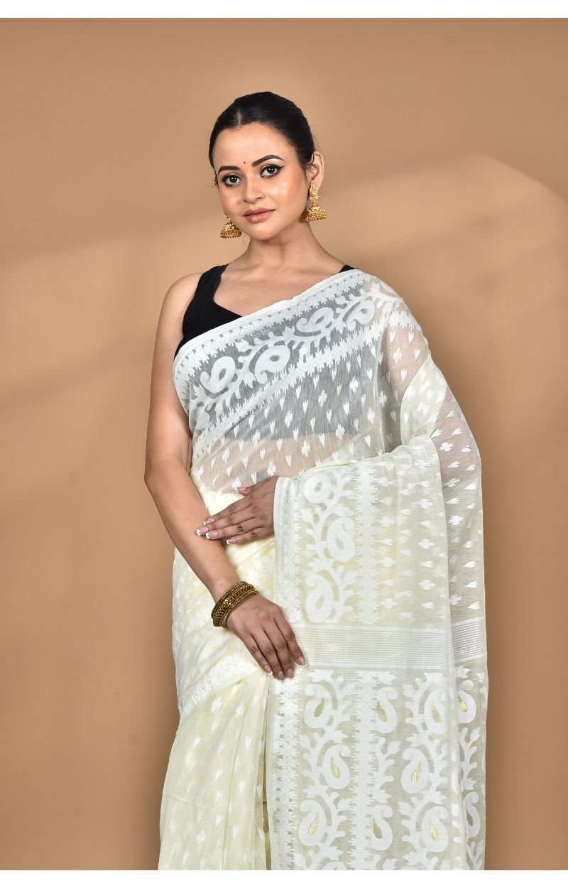 Morchari Pure Cotton Dhakai Jamdani Handloom Saree-Cream