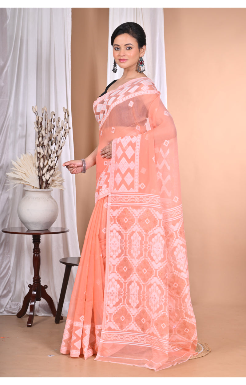 Morchari Pure Cotton Dhakai Jamdani Handloom Saree-Peach