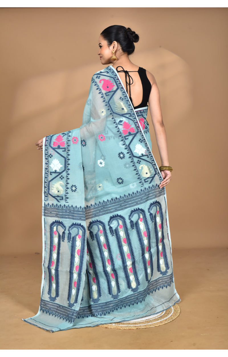 Morchari Pure Cotton Dhakai Jamdani Handloom Saree-Blue