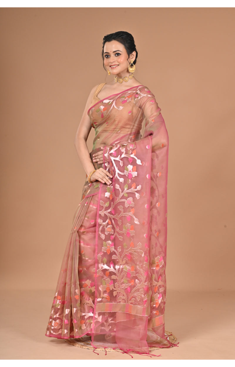 Morchari Semi Orzanga Jamdani Silk Saree-Mehendi