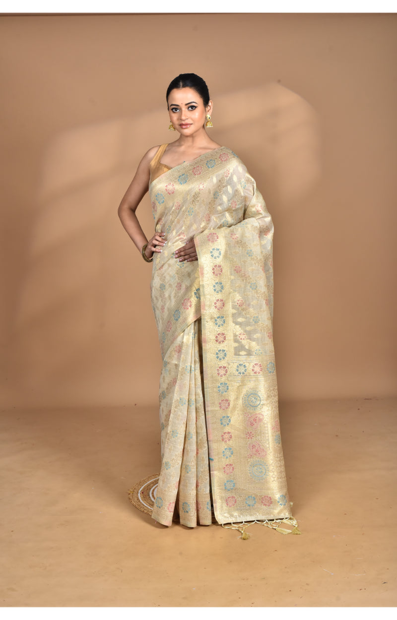 Morchari Banarasi Silk Chanderi Saree-Cream