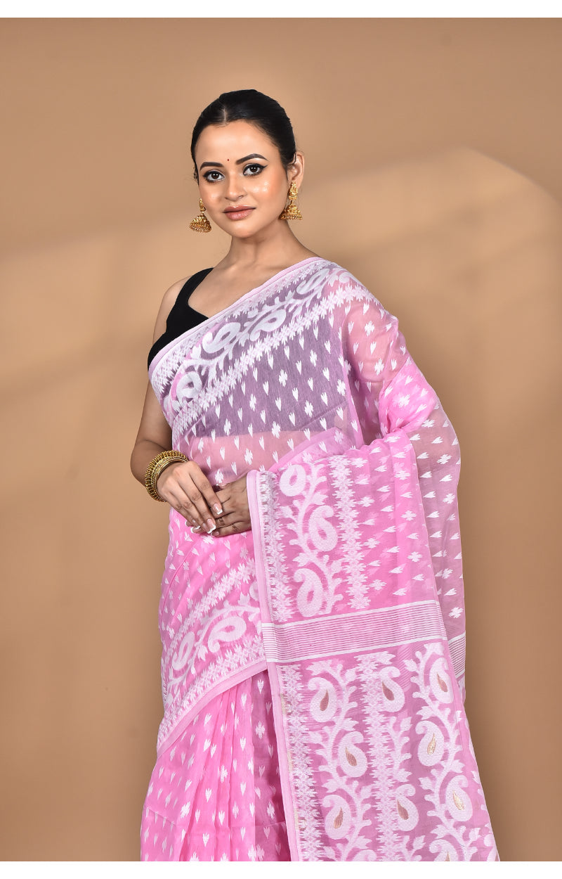 Morchari Pure Cotton Dhakai Jamdani Handloom Saree-Pink