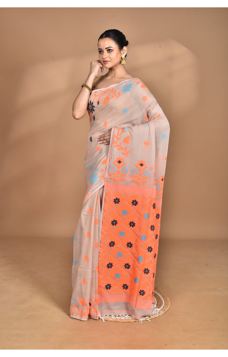 Morchari Pure Cotton Dhakai Jamdani Handloom Saree-Beige