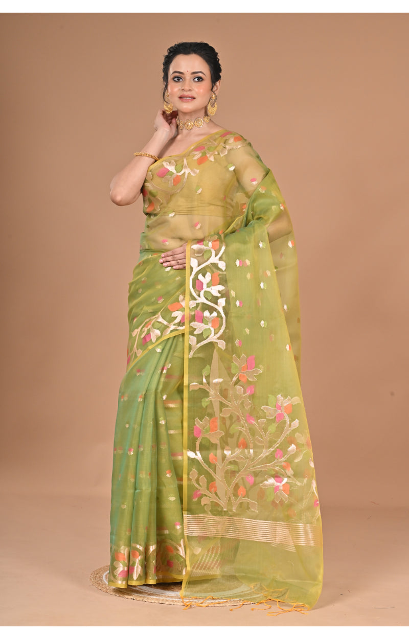 Morchari Heavy Jamdani Silk Orzanga Saree-Green