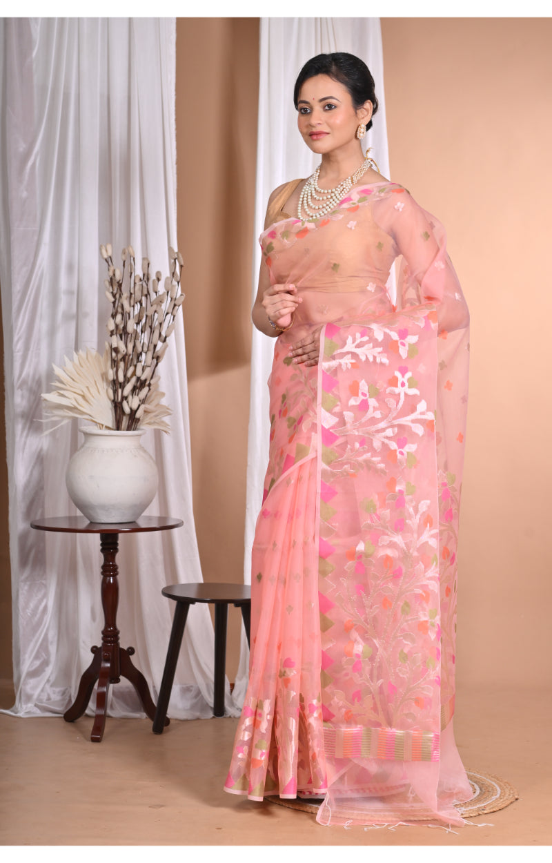 Morchari Heavy Jamdani Silk Orzanga Saree-Pink