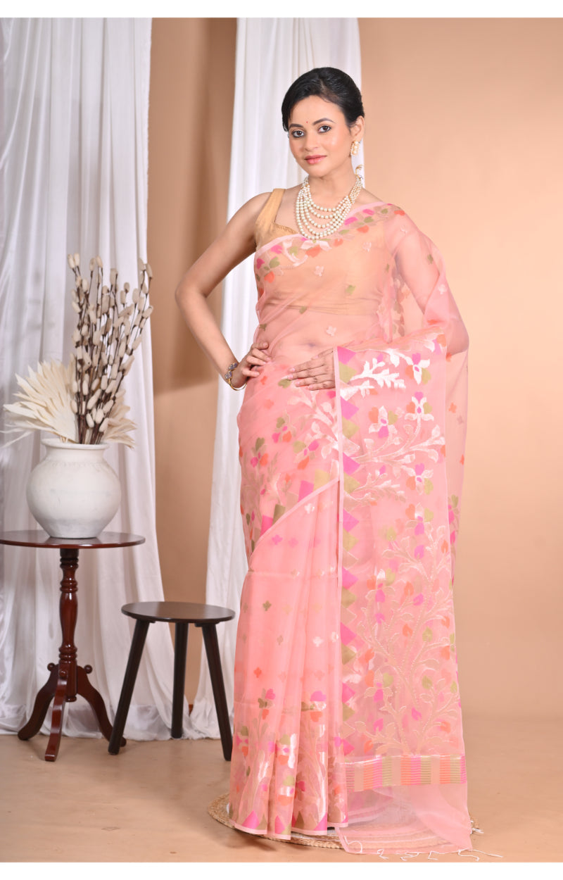 Morchari Heavy Jamdani Silk Orzanga Saree-Pink