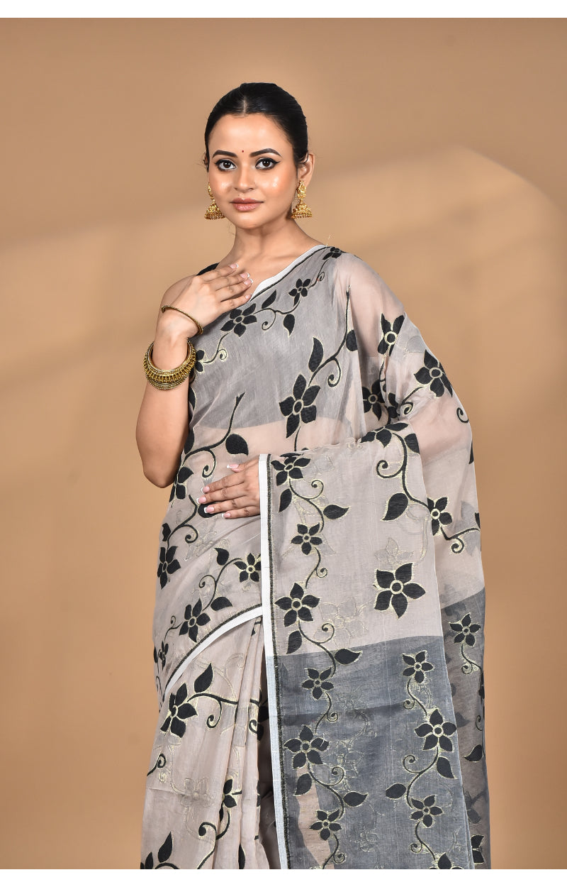 Morchari Pure Cotton Dhakai Jamdani Handloom Saree-Beige