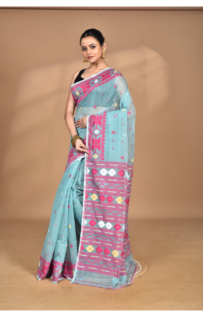 Morchari Pure Cotton Dhakai Jamdani Handloom Saree-Blue