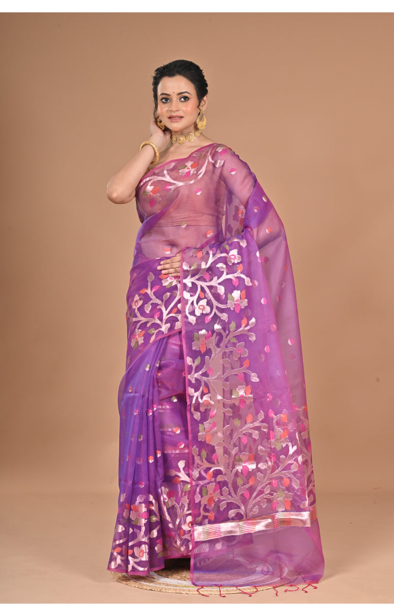 Morchari Semi Orzanga Jamdani Silk Saree-Purple