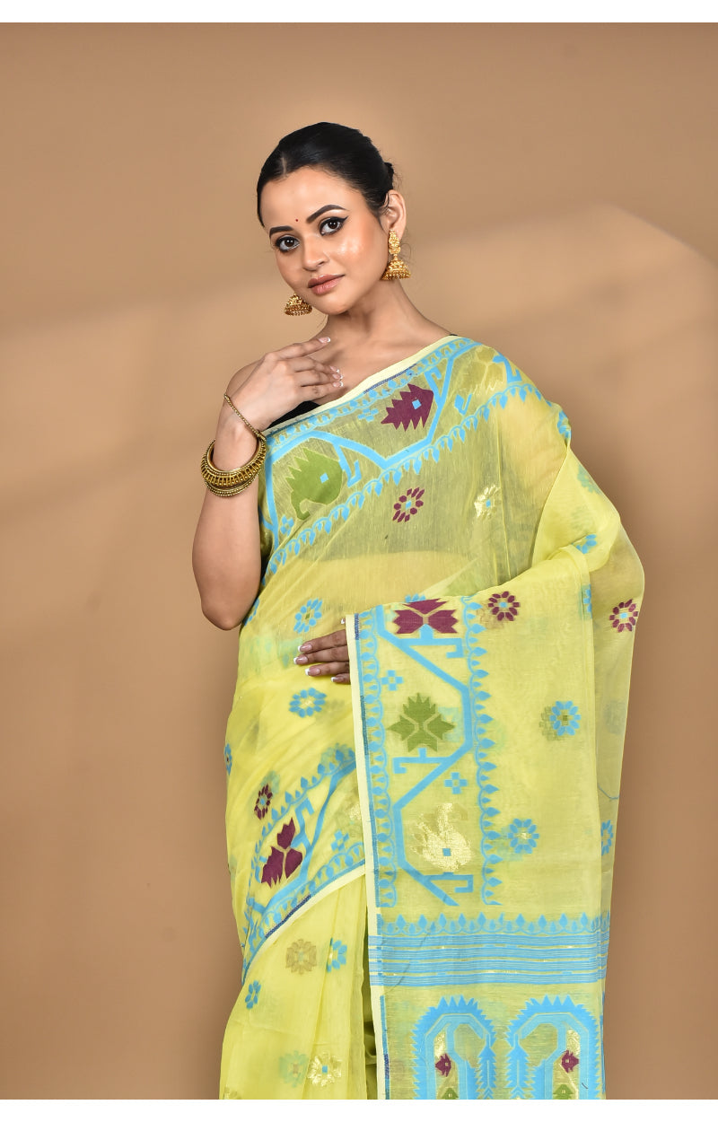 Morchari Pure Cotton Dhakai Jamdani Handloom Saree-Yellow