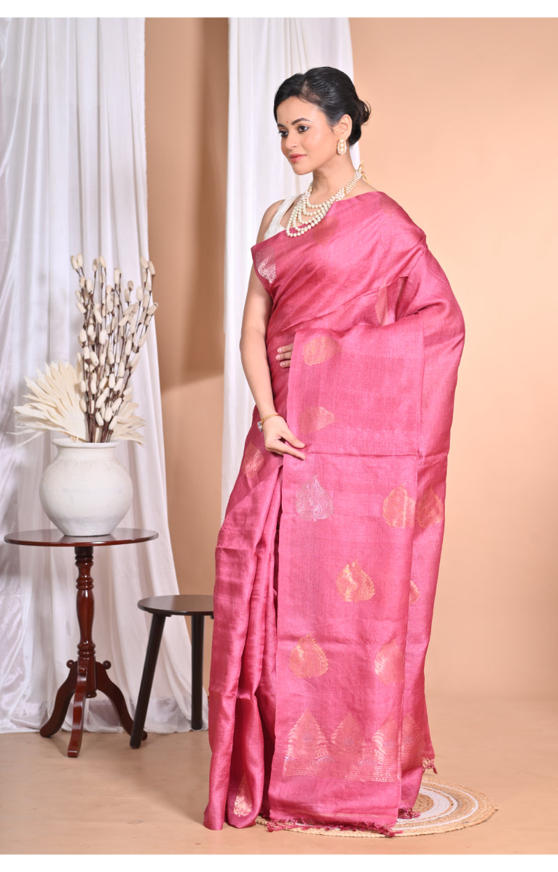 Morchari Pure Tussar Silk Handloom Saree-Pink