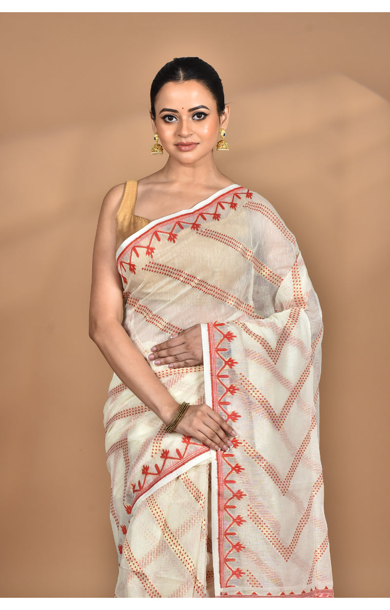 Morchari Pure Cotton Dhakai Jamdani Handloom Saree-Cream