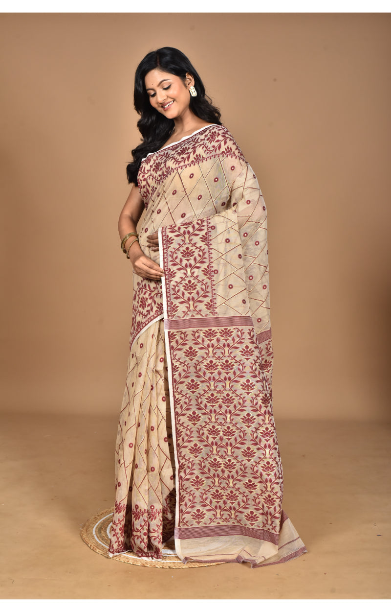 Morchari Pure Cotton Dhakai Jamdani Handloom Saree-Beige