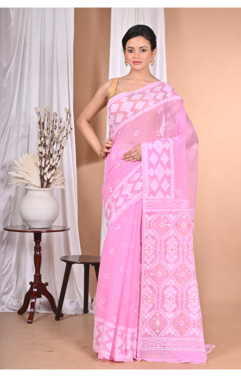 Morchari Pure Cotton Dhakai Jamdani Handloom Saree-Pink
