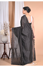 Morchari Pure Chandari Mirror Work Saree-Black