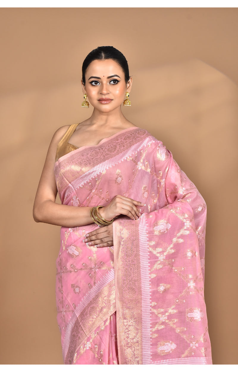 Morchari Banarasi Silk Chanderi Saree-Pink