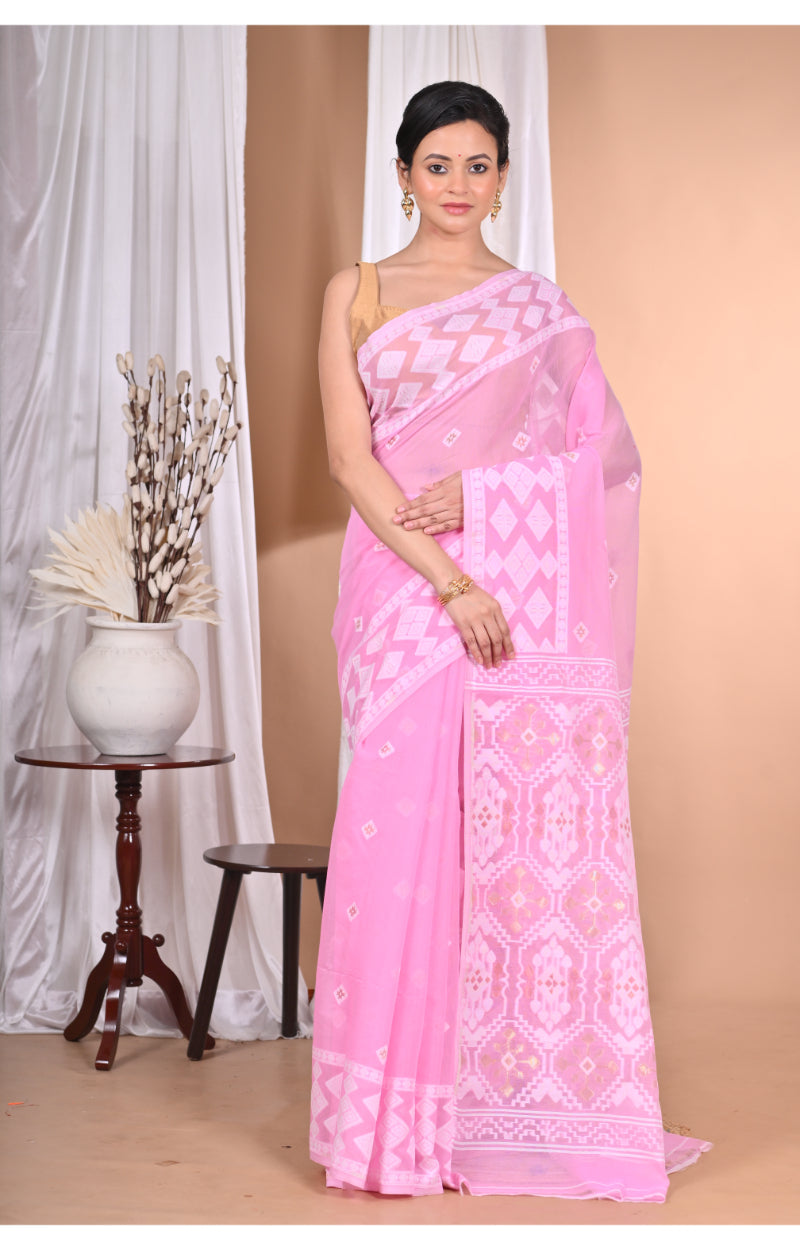 Morchari Pure Cotton Dhakai Jamdani Handloom Saree-Pink