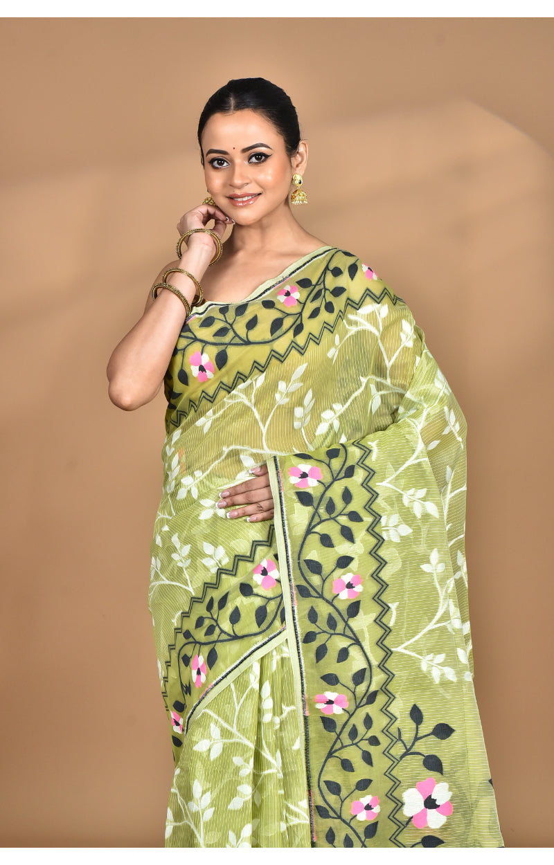 Morchari Pure Cotton Dhakai Jamdani Handloom Saree-Green