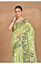 Morchari Pure Cotton Dhakai Jamdani Handloom Saree-Green