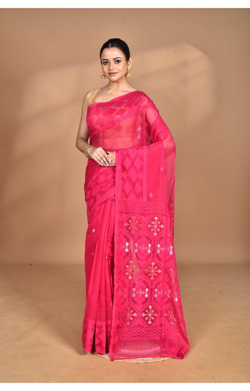 Morchari Pure Cotton Dhakai Jamdani Handloom Saree-Pink