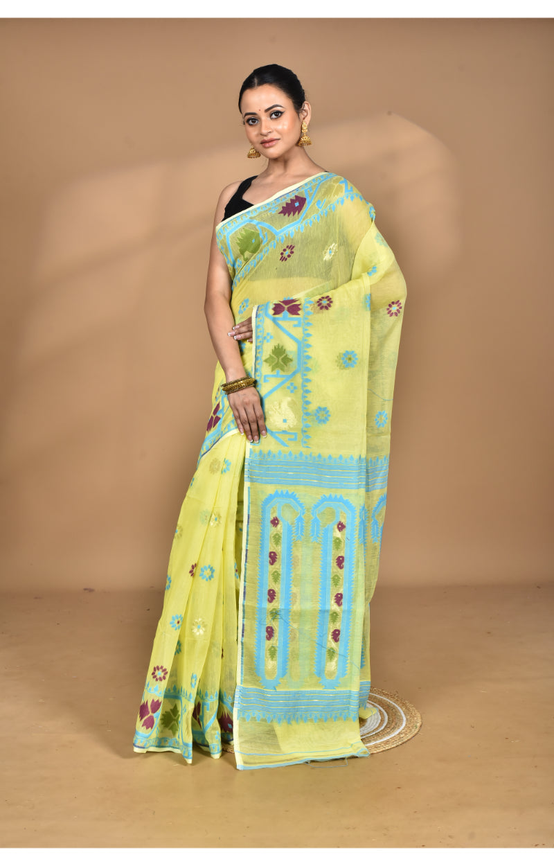 Morchari Pure Cotton Dhakai Jamdani Handloom Saree-Yellow