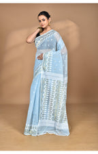 Morchari Pure Cotton Dhakai Jamdani Handloom Saree-Blue