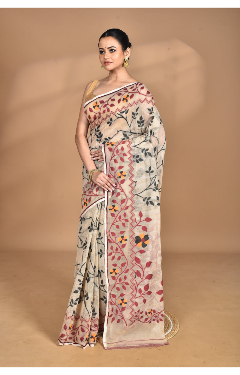 Morchari Pure Cotton Dhakai Jamdani Handloom Saree-Beige