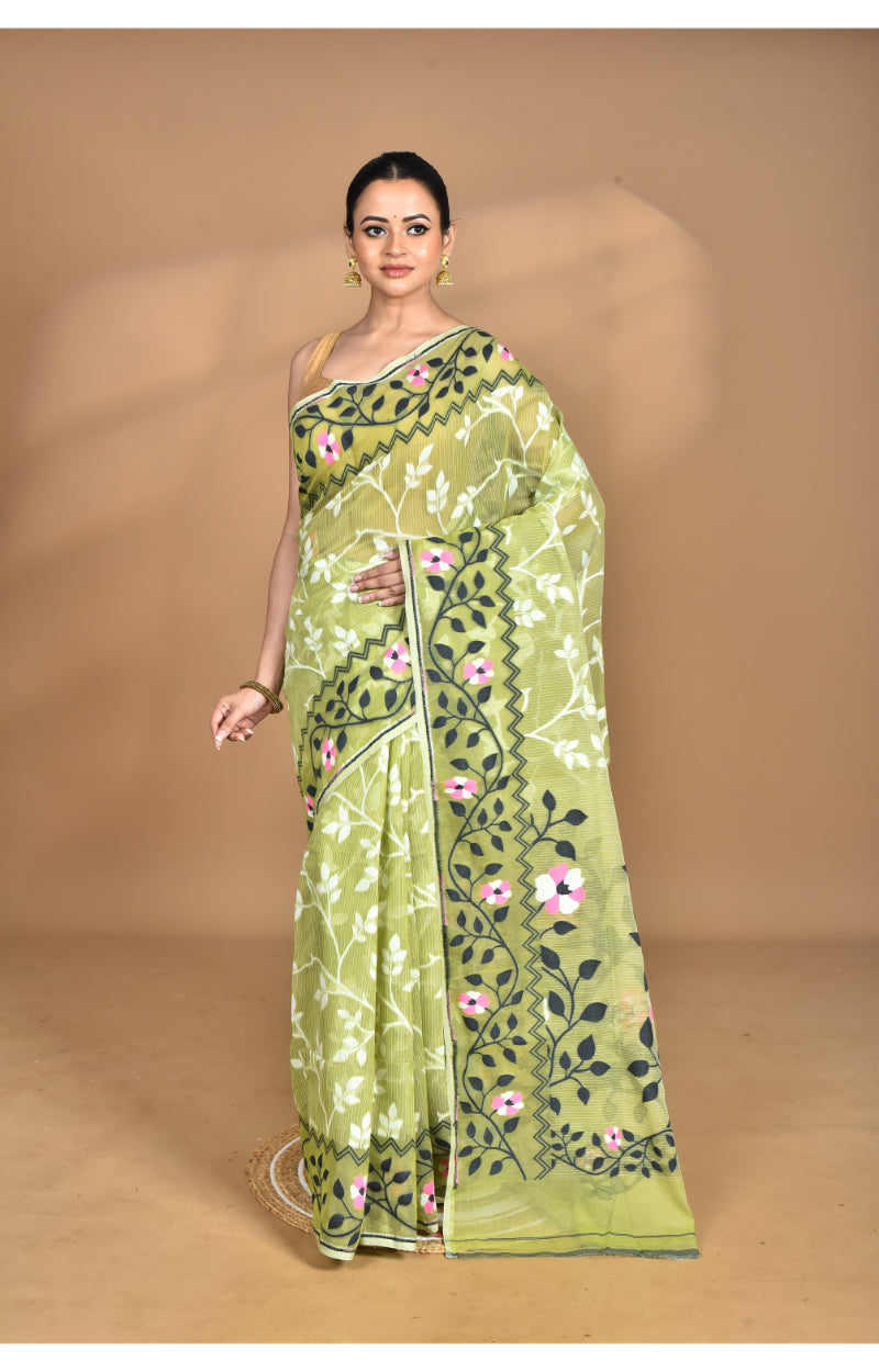 Morchari Pure Cotton Dhakai Jamdani Handloom Saree-Green