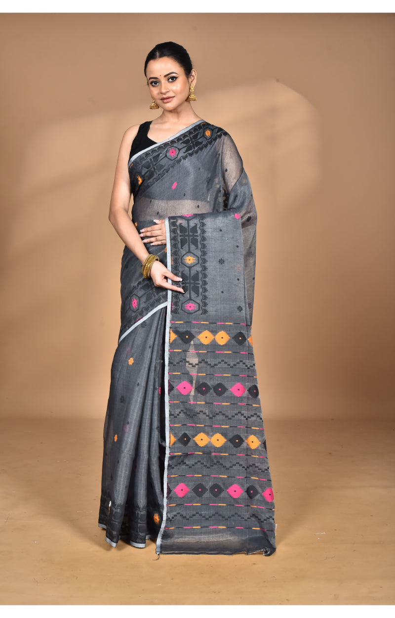 Morchari Pure Cotton Dhakai Jamdani Handloom Saree-Grey