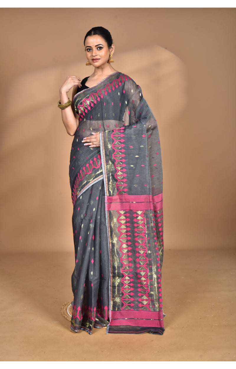 Morchari Pure Cotton Dhakai Jamdani Handloom Saree-Grey