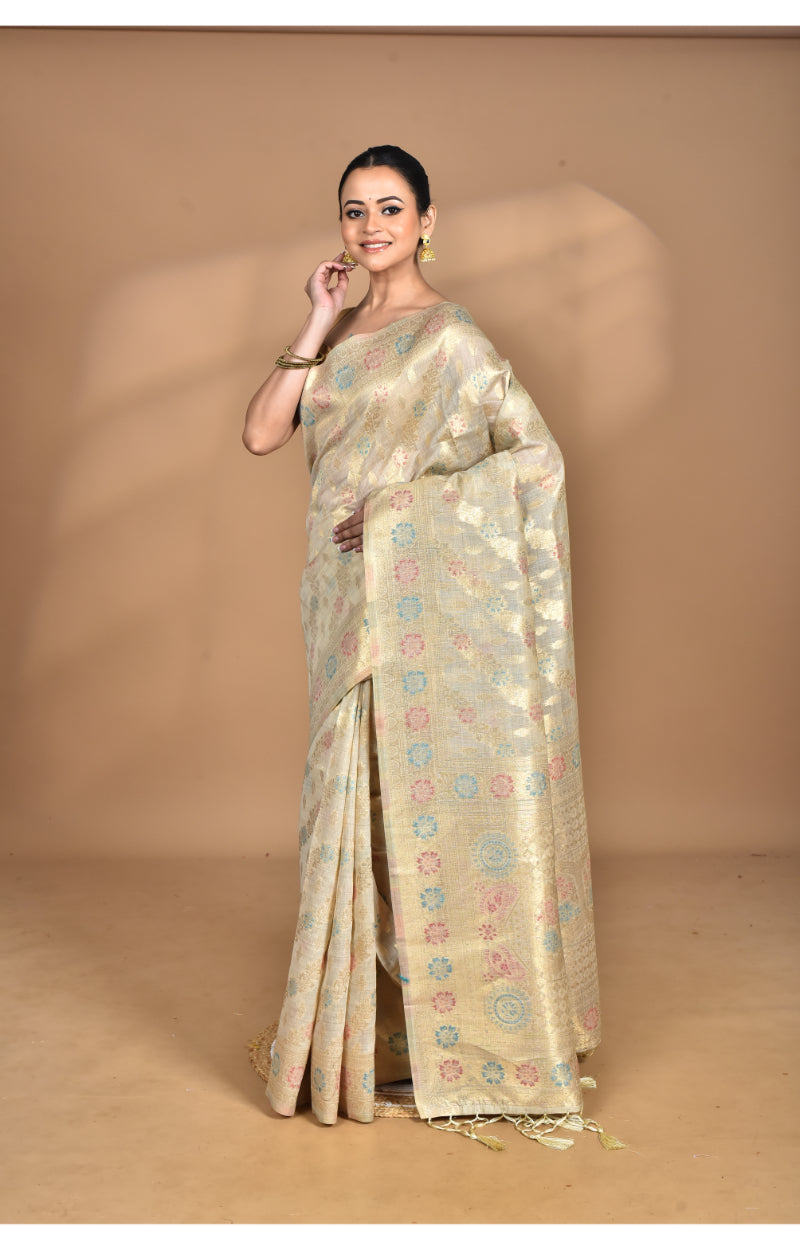Morchari Banarasi Silk Chanderi Saree-Cream