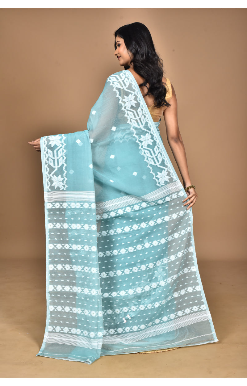 Morchari Pure Cotton Dhakai Jamdani Handloom Saree-Turquoise Blue