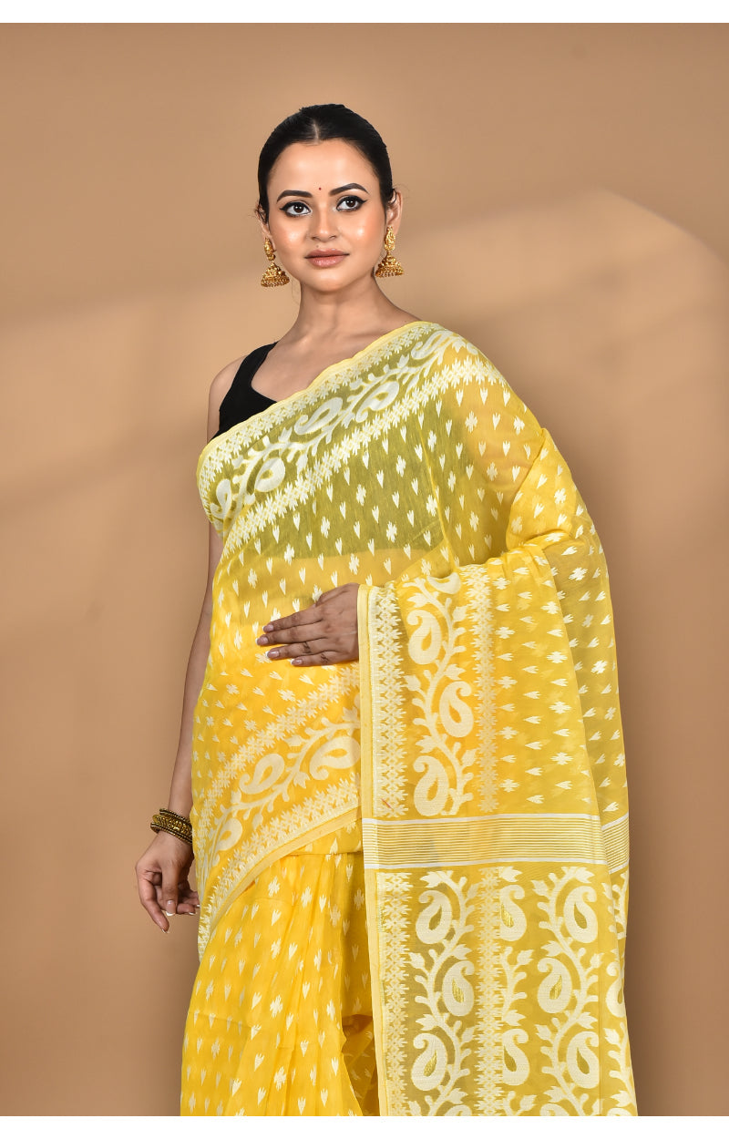 Morchari Pure Cotton Dhakai Jamdani Handloom Saree-Yellow