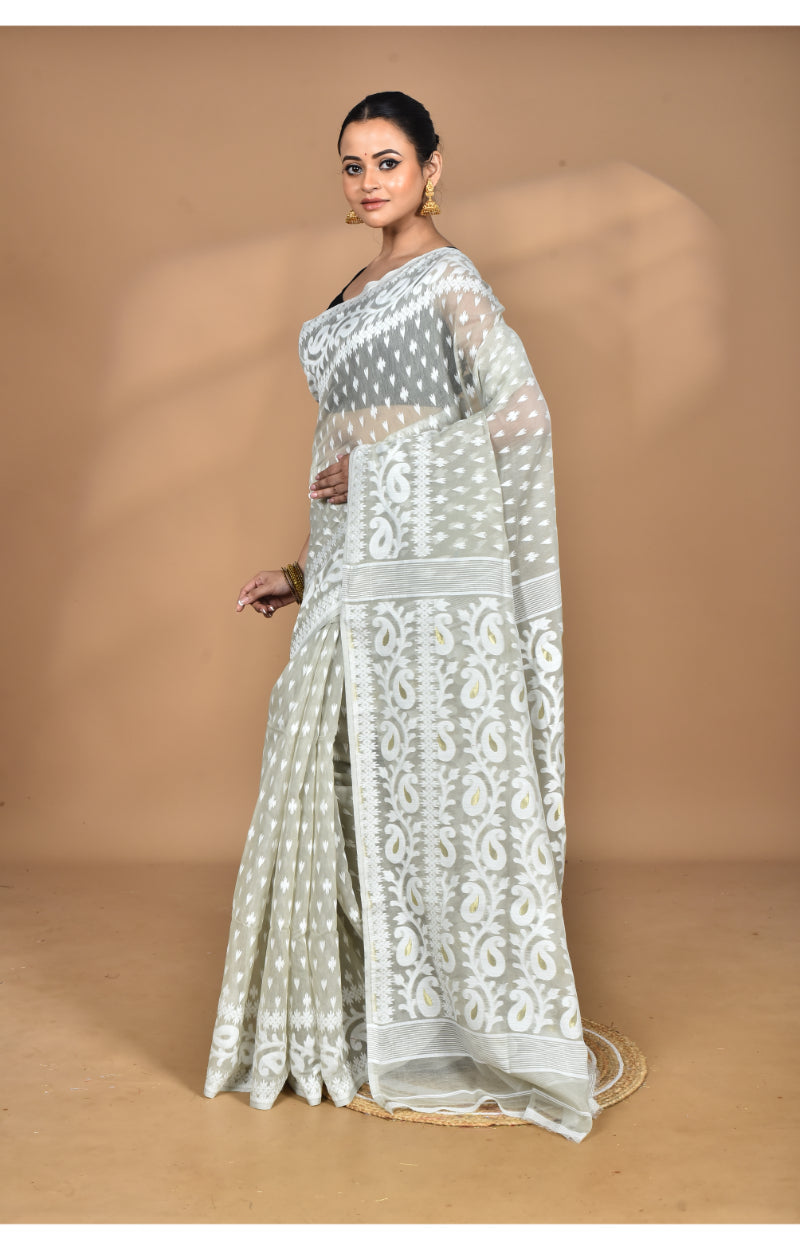Morchari Pure Cotton Dhakai Jamdani Handloom Saree-Grey