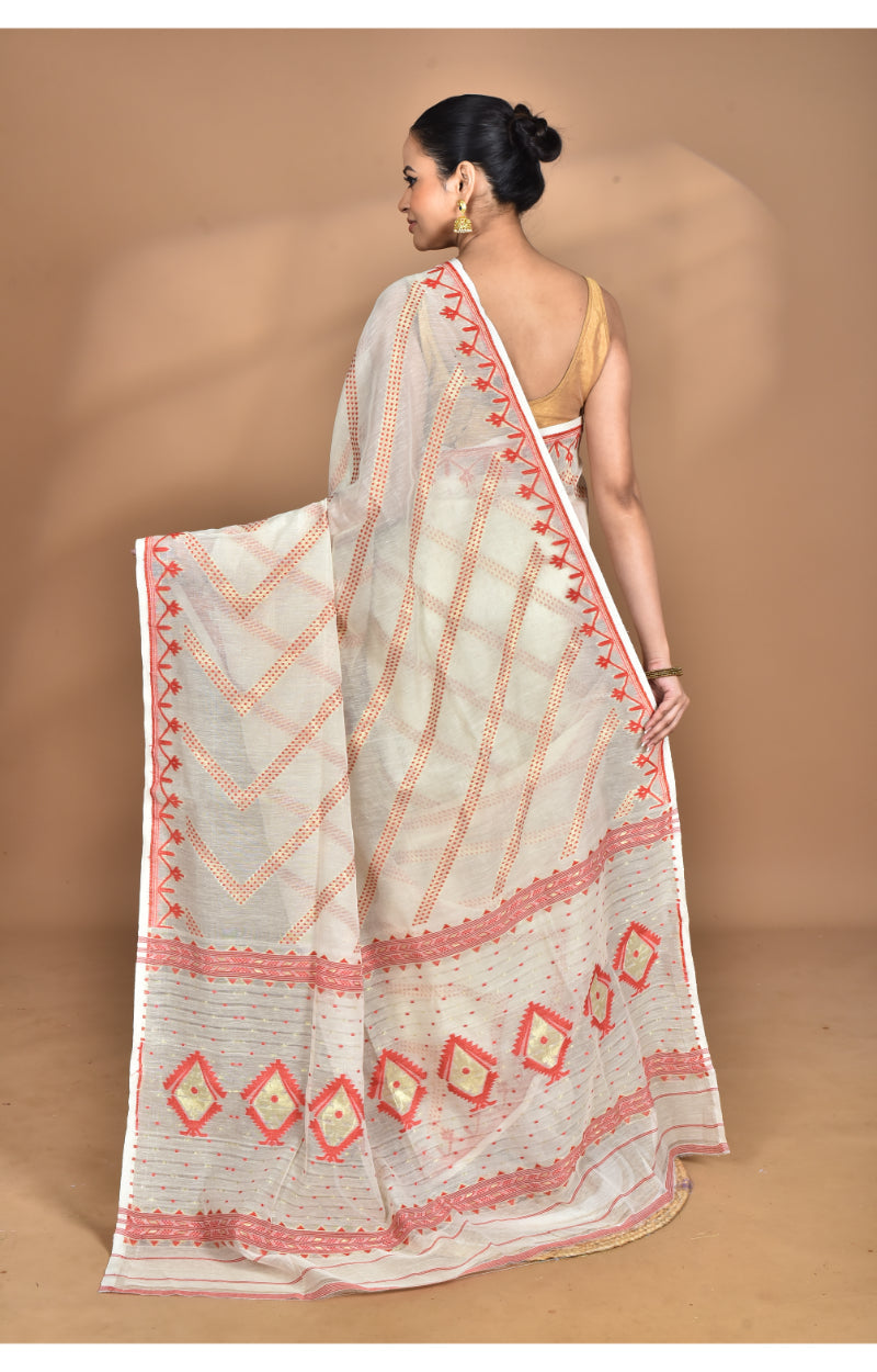 Morchari Pure Cotton Dhakai Jamdani Handloom Saree-Cream