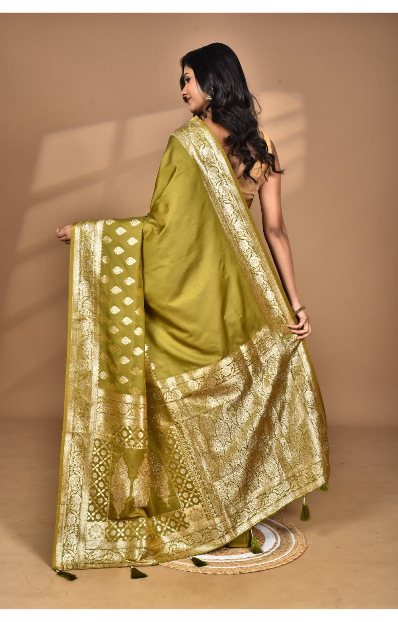 Morchari Heavy Kolhapuri Stone Work Saree-Mehendi