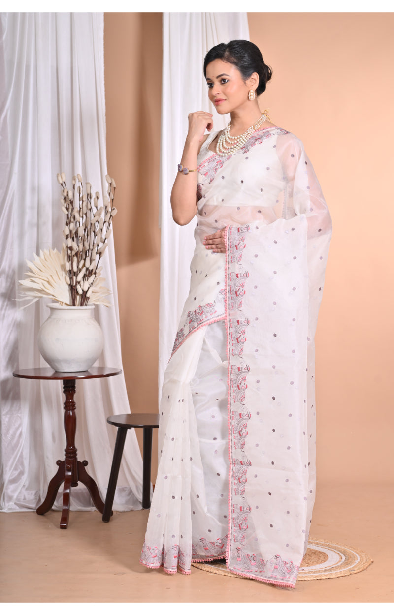 Morchari Pure Orzanga Tread Work Saree-Off White