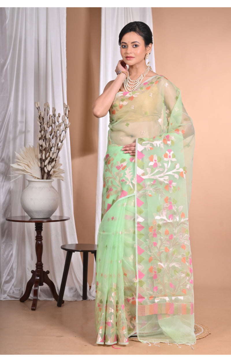 Morchari Heavy Jamdani Silk Orzanga Saree-Green