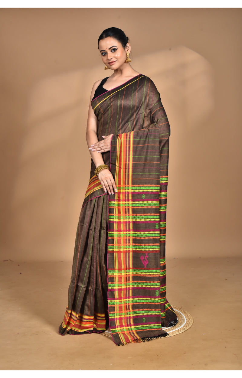 Morchari Pure Cotton Dhakai Jamdani Handloom Saree-Coffee Brown