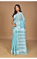 Morchari Pure Cotton Dhakai Jamdani Handloom Saree-Turquoise Blue