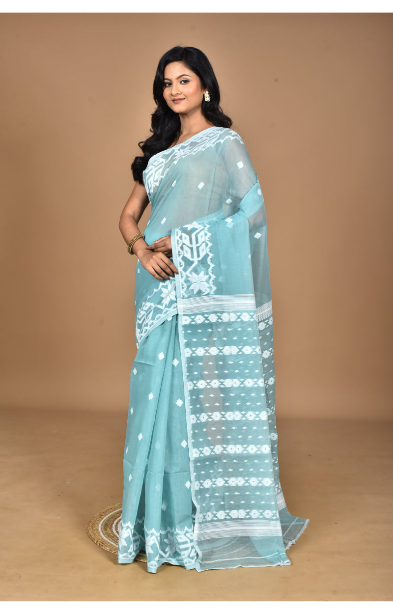 Morchari Pure Cotton Dhakai Jamdani Handloom Saree-Turquoise Blue